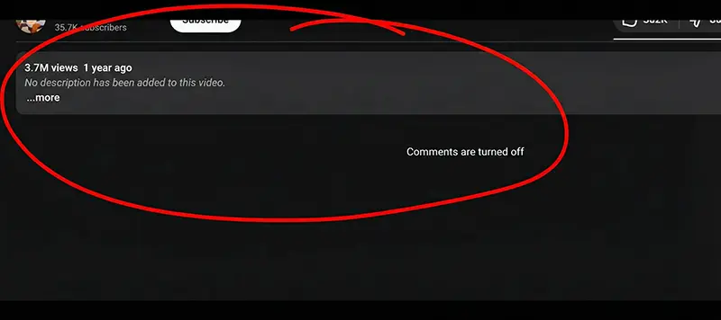 Screenshot highlighting the current youtube bug where the youtube description box is missing and the youtube comments section displays "Comments are turned off" due to ad blocking scripts.