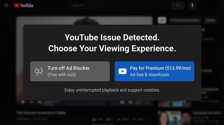 Conceptual image illustrating the user ultimatum: either disable the youtube ad blocker to fix the broken UI or subscribe to youtube premium to remove ads officially.