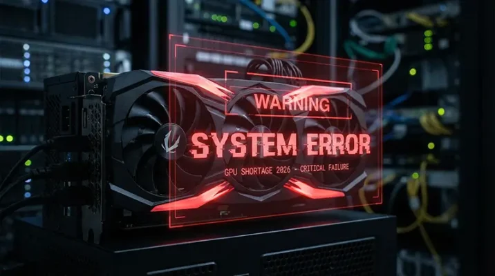 Zotac Gaming graphics card with a red system error warning overlay representing the 2026 market crisis.