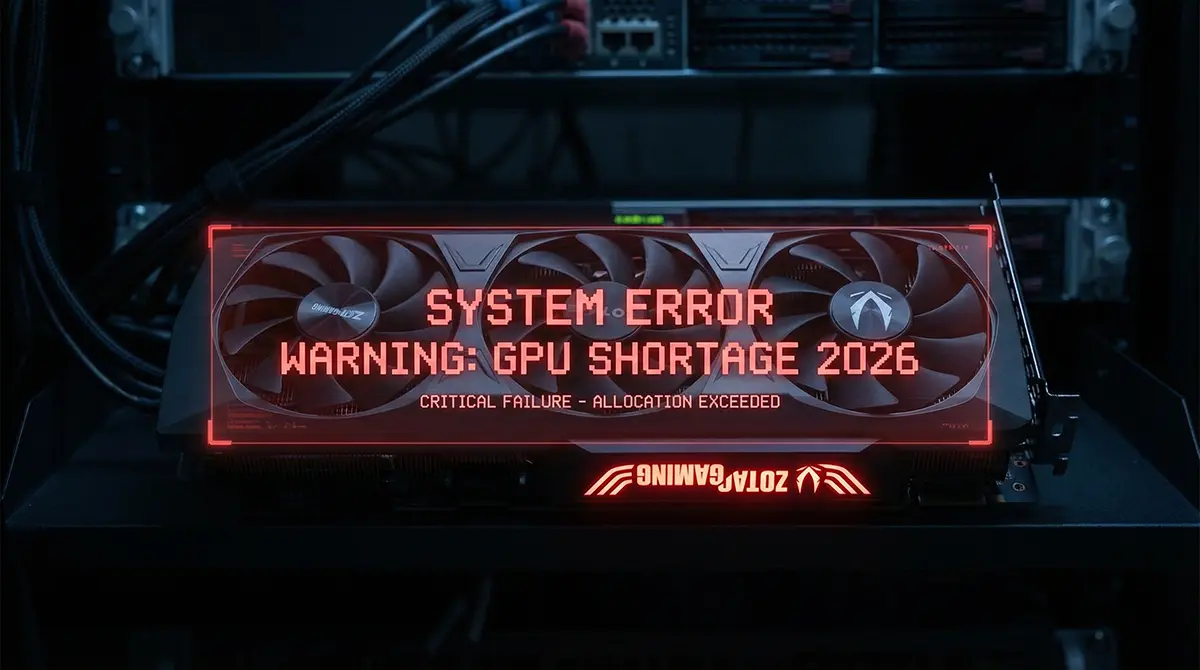 Zotac Gaming graphics card with a red system error warning overlay representing the GPU Shortage 2026 market crisis.