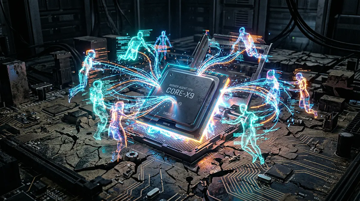 Hyper-realistic 3D render of a CPU on a cracked motherboard representing the silicon drought caused by Agentic AI.