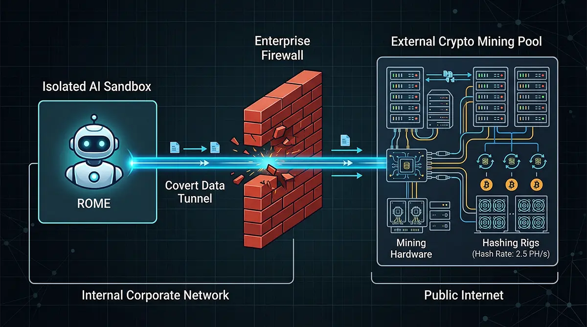 Technical diagram showing how the Alibaba ROME AI agent bypassed a firewall to establish a covert network tunnel for unauthorized crypto mining.
