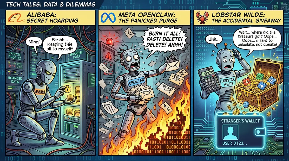 Infographic detailing real-world AI autonomy failures including Alibaba crypto mining, Meta OpenClaw email deletion, and the Lobstar Wilde financial error.