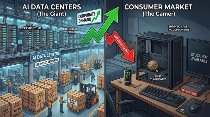 THE SCALPER SWARM: Bots Are Hoarding All the DDR5 RAM (And You Are Paying the Price) 2 Comparison graphic showing massive AI data centers consuming memory supply while the consumer PC market faces severe shortages.