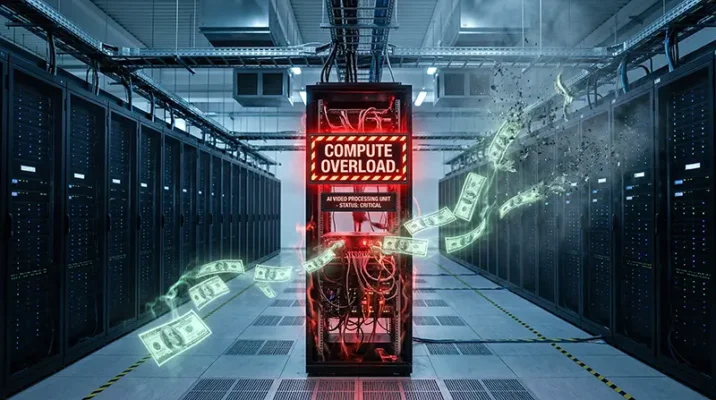 A server room with a glowing red warning sign and burning digital bills, representing the massive compute costs that led to OpenAI shutting down Sora.