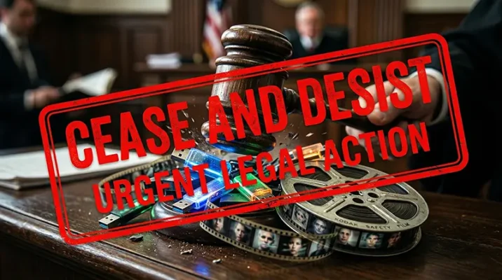 A judge's gavel smashing AI-generated film reels with a cease and desist stamp, representing the copyright backlash from Hollywood studios.