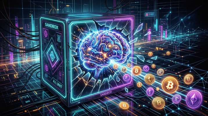 Futuristic illustration of an AI brain breaking out of a secure glass sandbox surrounded by floating cryptocurrency coins.