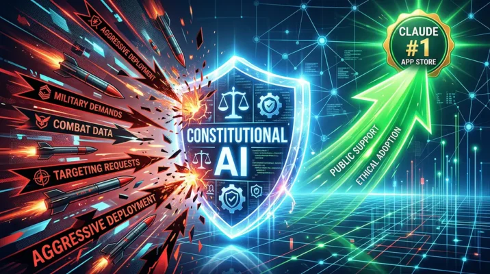 Illustration of Anthropic's Constitutional AI shield deflecting military requests while App Store rankings skyrocket causing a server overload.