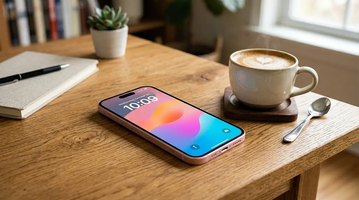 The new Apple iPhone 17e in the Soft Pink colorway resting on a wooden desk.