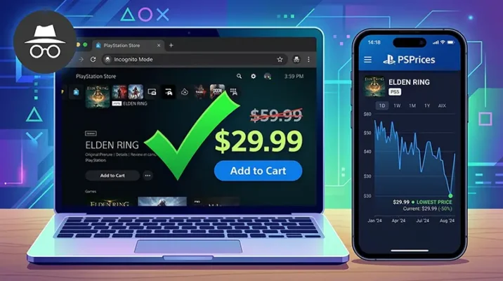 THE LOG IN TAX: Sony is Secretly Charging Players Different Prices on the PlayStation Store 6 Illustration of using an incognito browser window and price tracking apps to check PlayStation Store prices and avoid hidden log in taxes.
