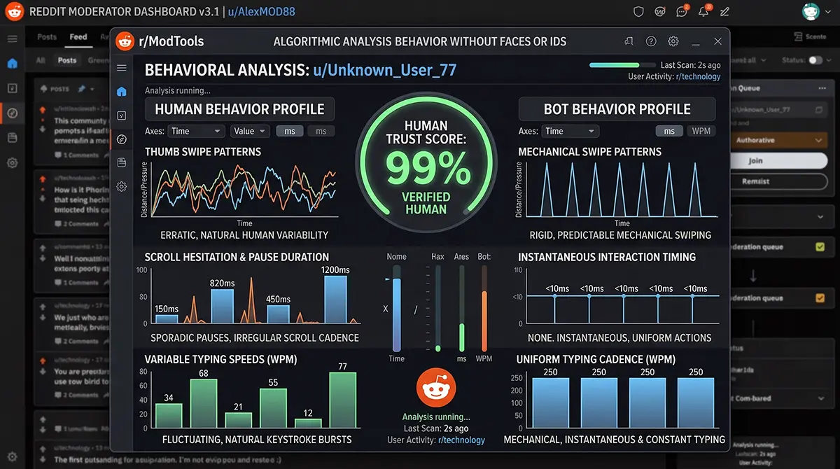 THE BIOMETRIC WALL: Reddit Wants Your Face to Prove You Aren't an AI Bot 5 A backend dashboard displaying a 99% human trust score based on human scrolling and typing patterns versus rigid robotic movements.