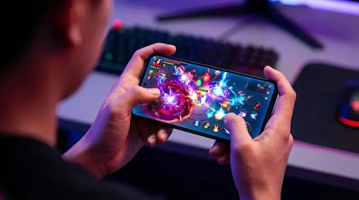 Gamer holding the Infinix Note 60 Ultra horizontally, playing a graphically intense mobile game on its bright 144Hz AMOLED display.