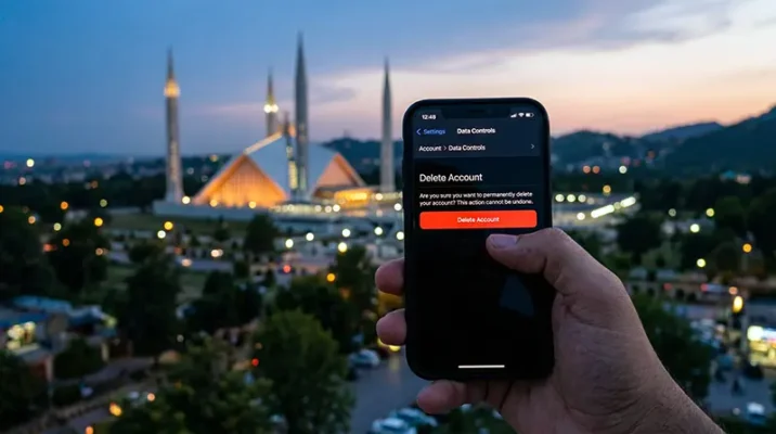 Smartphone screen showing the deletion of a ChatGPT account with a Pakistani landmark in the background.