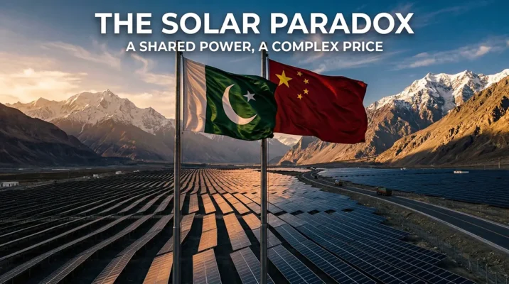 Extreme high-quality waving flags of Pakistan and China over a massive, pristine Chinese solar panel installation.