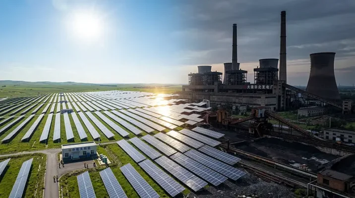 Conceptual image of cheap Chinese solar panels outcompeting and replacing legacy coal power plants in Pakistan.
