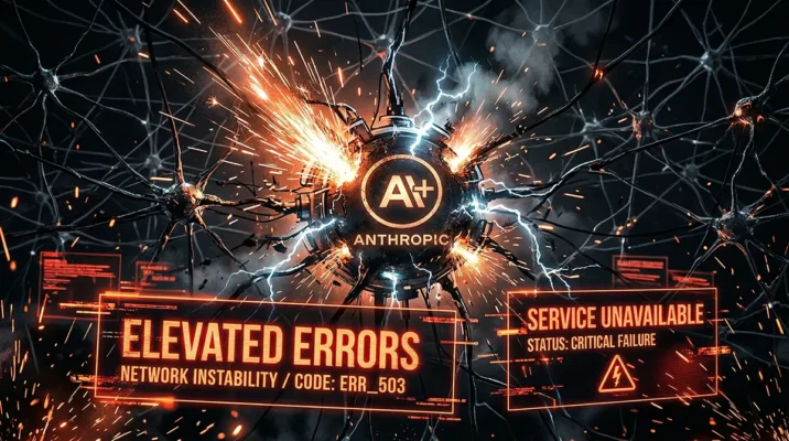 Futuristic neural network short circuit representing the sudden Claude AI crash and Anthropic network outage.