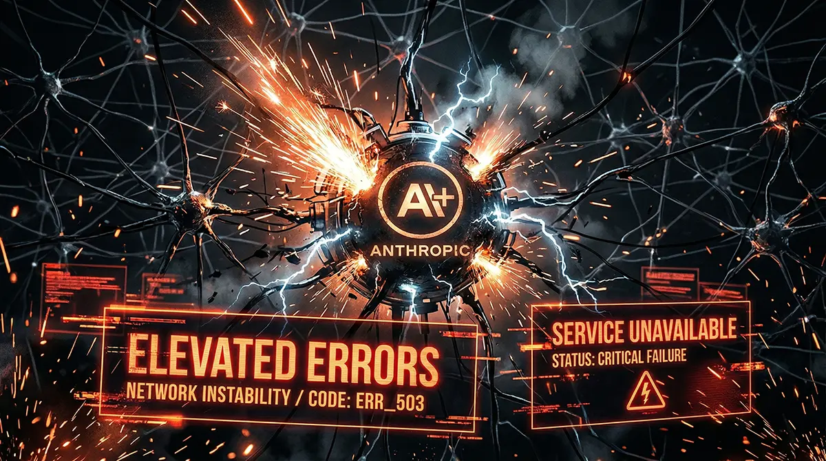 Futuristic neural network short circuit representing the sudden Claude AI crash and Anthropic network outage.