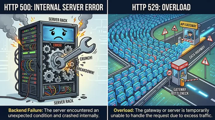 Infographic explaining the difference between HTTP 500 internal server errors and HTTP 529 traffic overloads during the Claude AI crash.