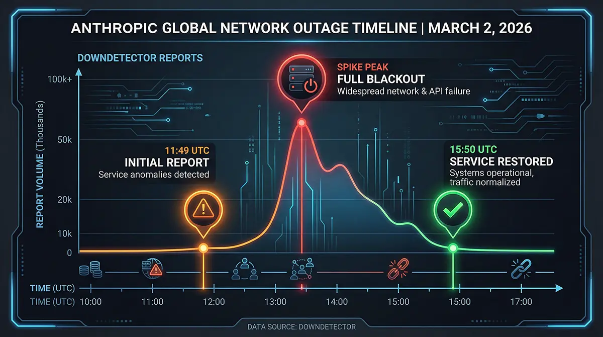 Timeline chart showing the March 2 spike in Downdetector reports during the Anthropic network outage.
