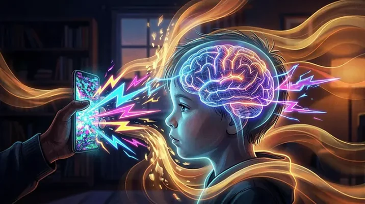 Diagram showing the negative cognitive impact and sensory overload of chaotic AI media consumption on an infant's developing brain.
