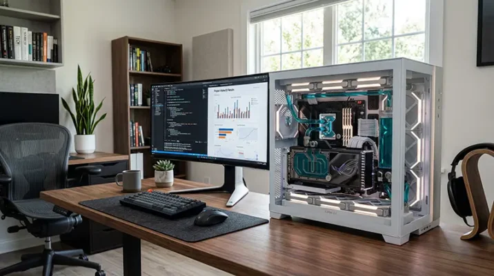 High-end custom PC workstation featuring a water-cooled Nvidia RTX GPU, with background monitors displaying Python scripts, SQL databases, and Tableau data visualizations.