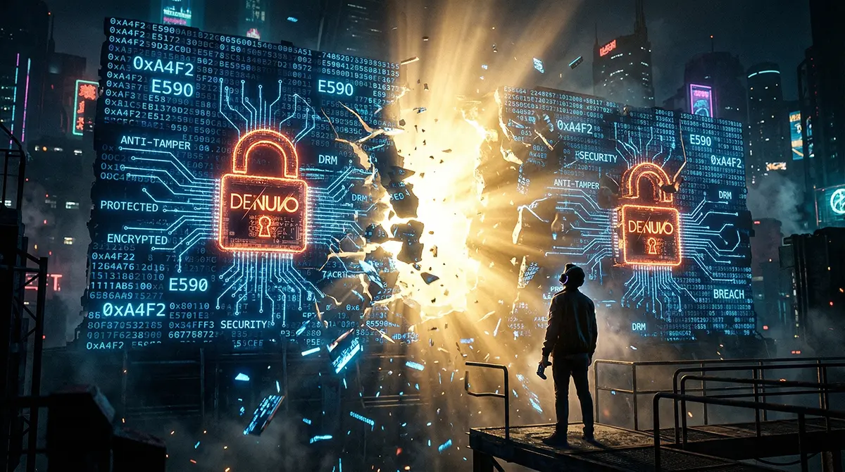 A towering digital wall made of encrypted blue code shattering, representing the Denuvo DRM being bypassed by hackers, with a gamer looking on in awe.