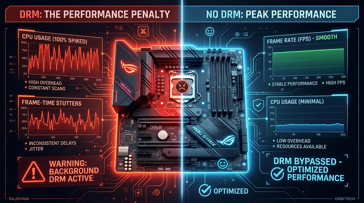 Split-screen infographic comparing high CPU usage and frame stuttering with Denuvo active versus optimized, smooth PC performance after a DRM bypass.