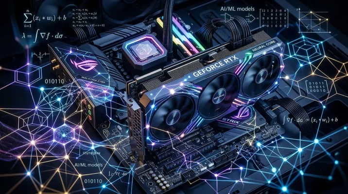 Abstract representation of AI and Machine Learning neural networks integrating directly into PC graphics cards via DirectX Linear Algebra.