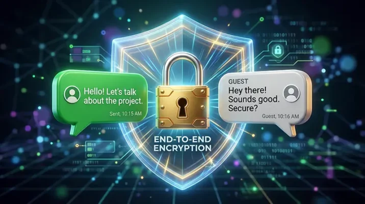 3D padlock and shield representing end-to-end encryption in WhatsApp guest web chats.