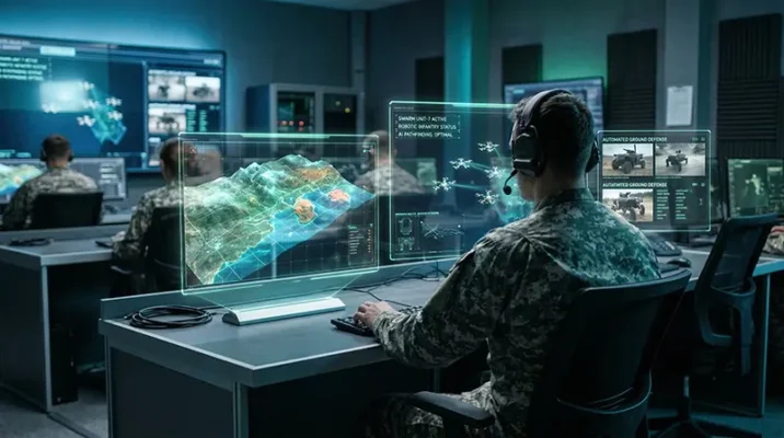 Pakistani military command center analyzing data feeds of autonomous combat robots and drone swarms.