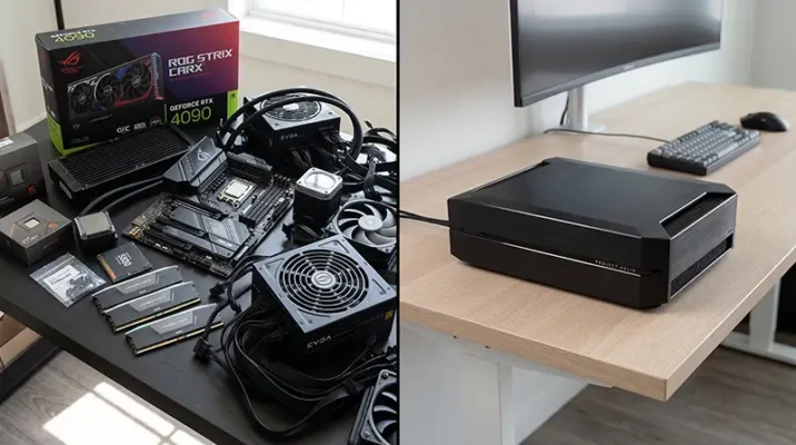 Split-screen comparison showing a messy pile of expensive PC gaming components versus the sleek, all-in-one Xbox Project Helix console.
