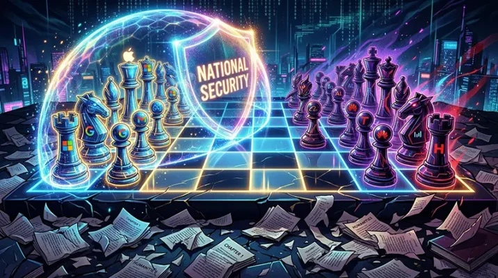 THE PIRACY PARADOX: Meta Claims Seeding 80 Terabytes of Pirated Books is "Fair Use" for National Security 5 Futuristic chessboard showing US tech pieces shielded by a National Security forcefield, crushing physical books underneath.