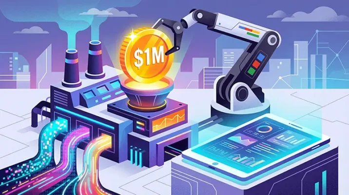 Conceptual illustration showing Google investing 1 million dollars into a futuristic factory generating AI kids' videos.