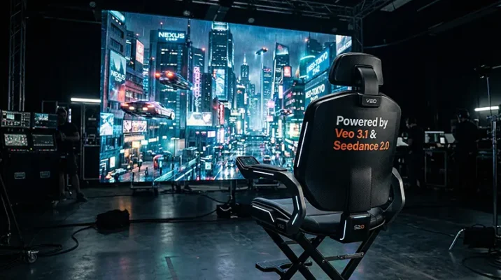 Futuristic director's chair facing a 4K AI video projection powered by Google Veo 3.1 and ByteDance Seedance 2.0.