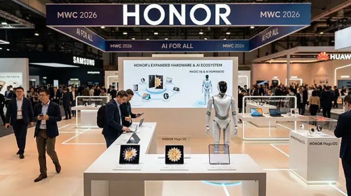 HONOR's AI ecosystem at MWC 2026 featuring the Magic V6 foldable and a new humanoid robot.