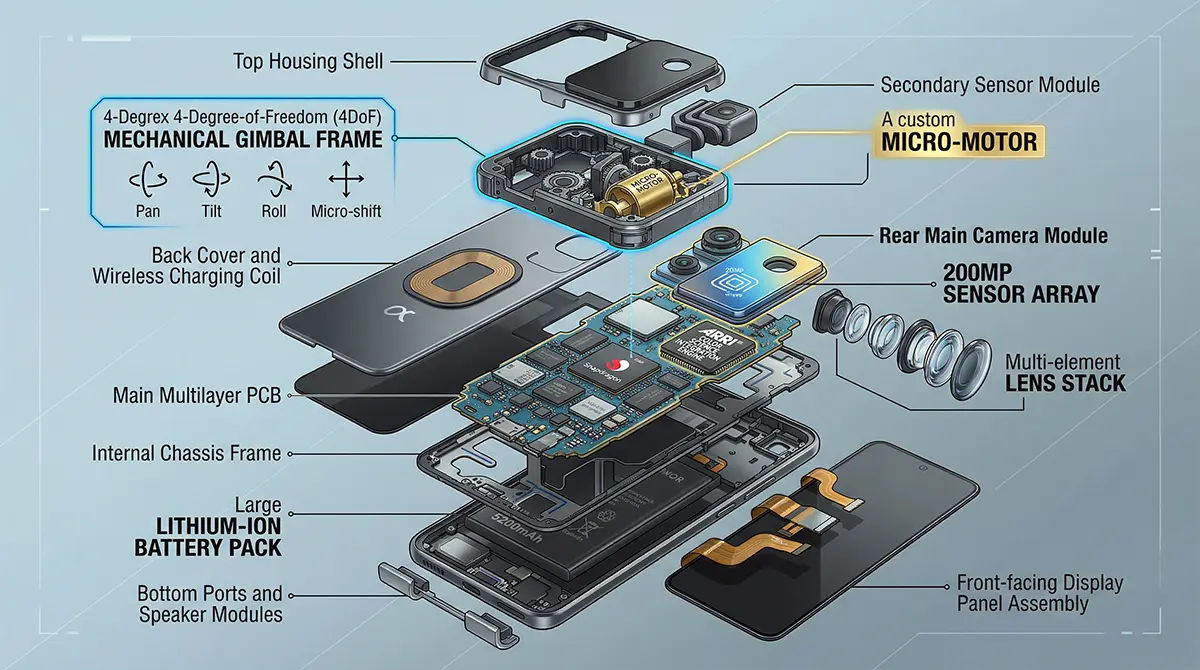 Infographic illustrating the ultra-compact micro-motor and 4DoF gimbal system inside the HONOR Robot Phone.