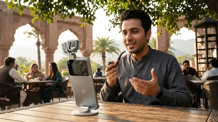 A Pakistani content creator using the AI Object Tracking feature of the HONOR Robot Phone for hands-free vlogging.