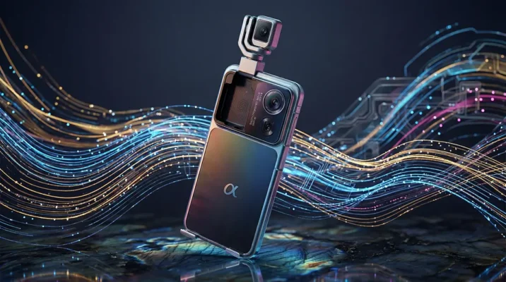 HONOR Robot Phone rear view showing the deployed 200MP gimbal camera at MWC 2026.