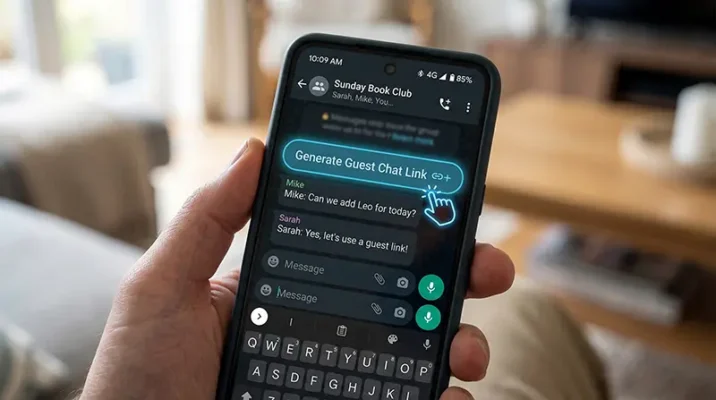 Smartphone mockup showing how to generate a WhatsApp guest chat invite link.