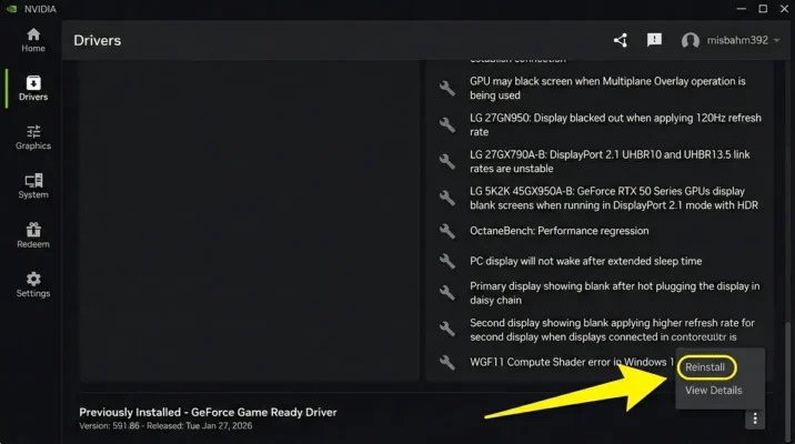 Step-by-step screenshot of the Nvidia App driver interface showing exactly where to click to rollback to version 591.86 to fix the fan bug.
