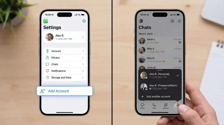 UI mockup demonstrating how to add and switch profiles natively after the WhatsApp iOS multiple accounts update.