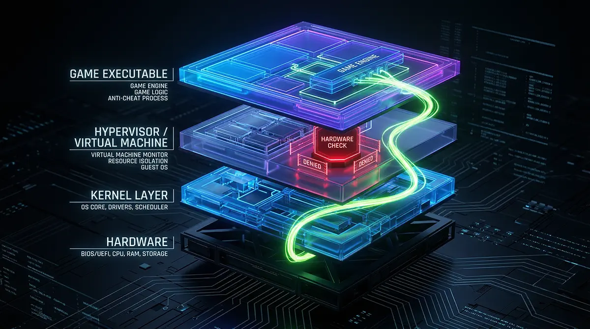 3D diagram illustrating how a hypervisor bypass weaves through Windows OS kernel-level security to crack Denuvo hardware checks.