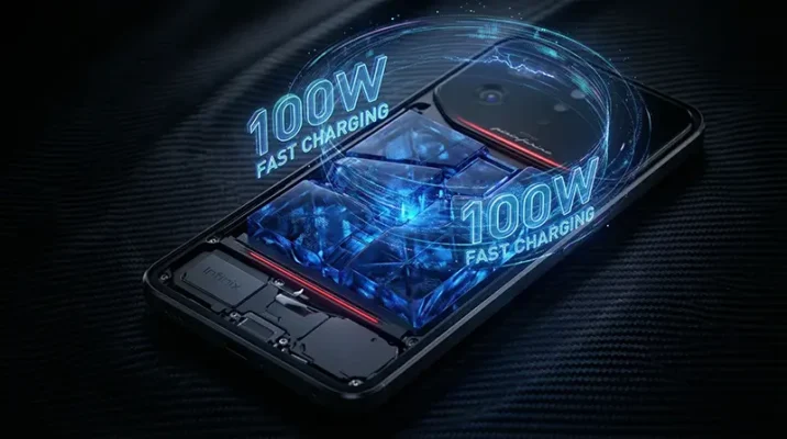 Futuristic 3D render of the Infinix Note 60 Ultra's 7000mAh silicon-carbon battery glowing blue with 100W fast charging UI elements.