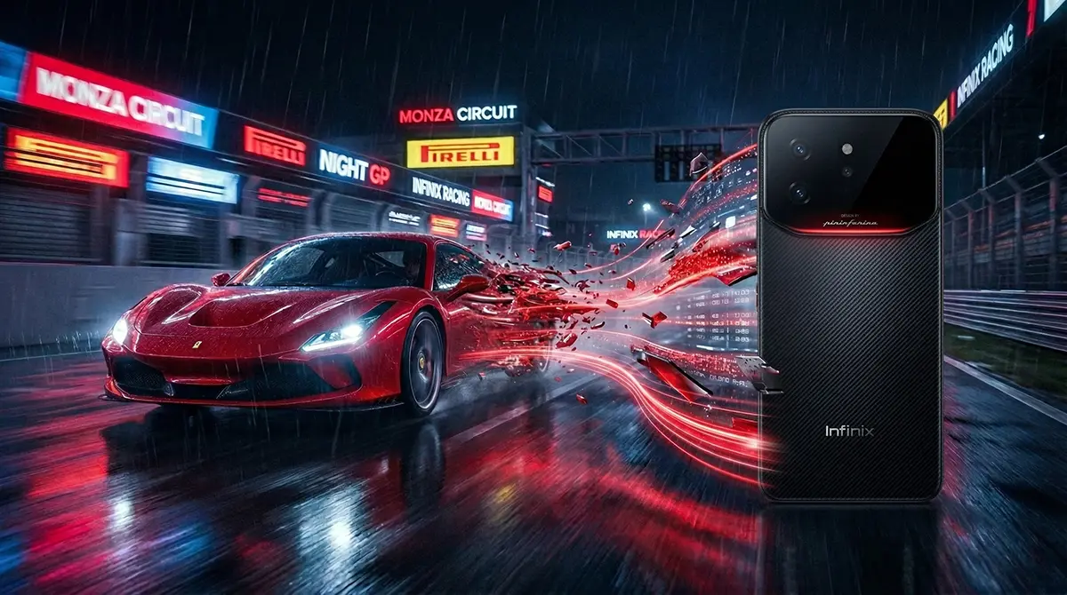 Infinix Note 60 Ultra morphing from a red Pininfarina supercar, highlighting its aerodynamic design and MWC 2026 debut.