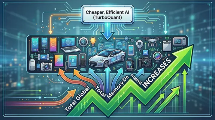 Flowchart explaining how the Jevons Paradox in AI hardware leads to increased demand for memory semiconductor stocks despite higher efficiency.