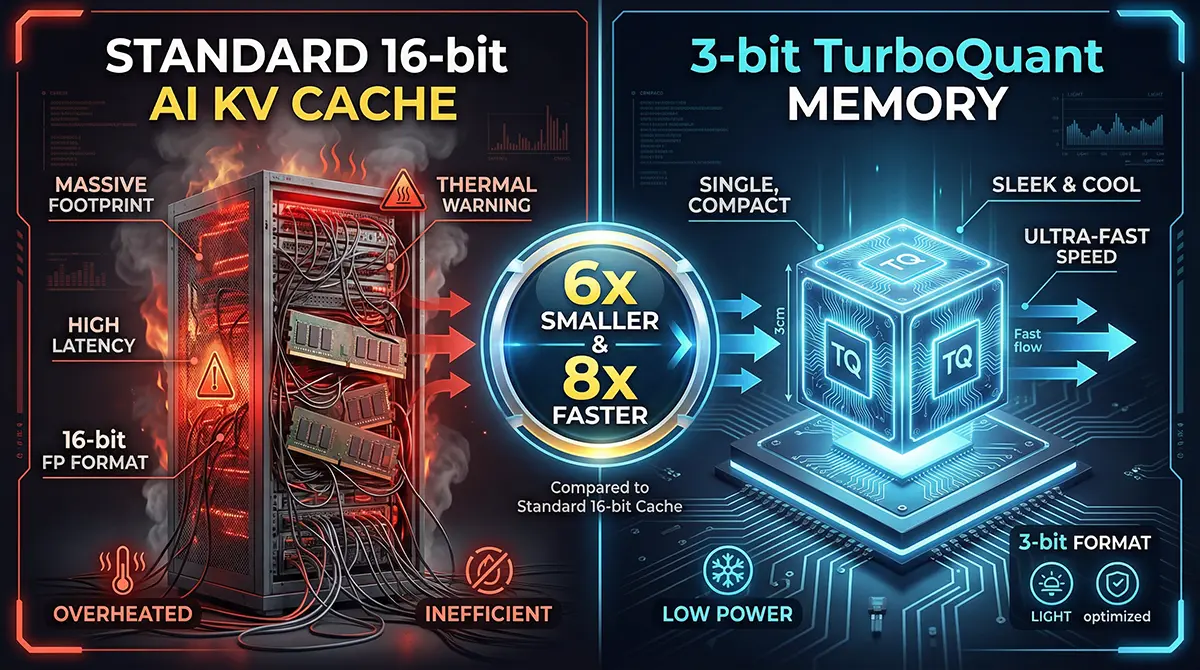 Infographic comparing standard 16-bit large language model memory cache to Google's highly compressed 3-bit TurboQuant AI memory.