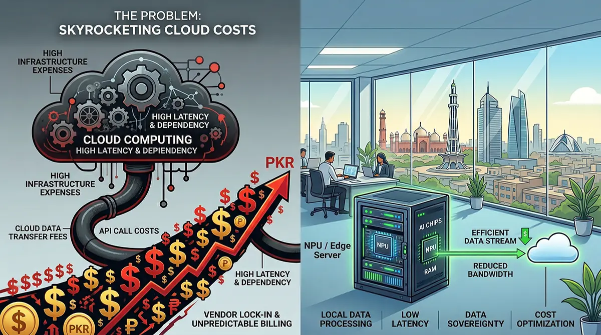 Illustration of edge computing and NPU servers reducing expensive cloud computing reliance for Pakistani tech firms.
