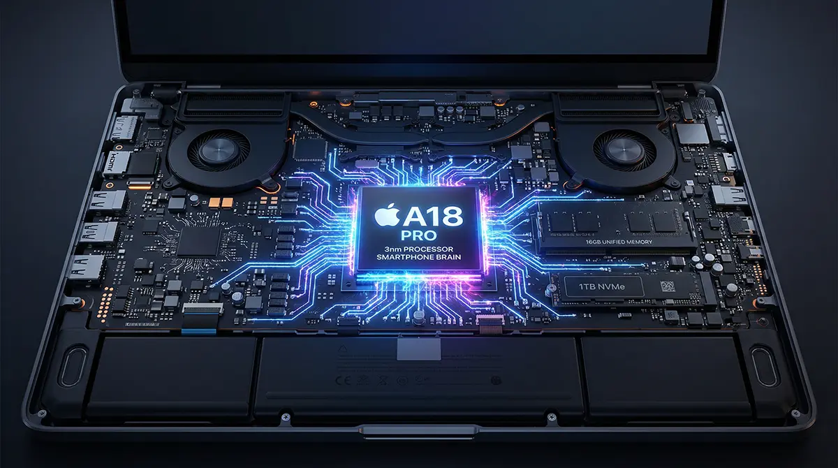 APPLE’S WILDEST GAMBLE: The New "MacBook Neo" Puts an iPhone Chip Inside a Budget Laptop 4 Internal logic board of the MacBook Neo powered by the Apple A18 Pro smartphone chip.
