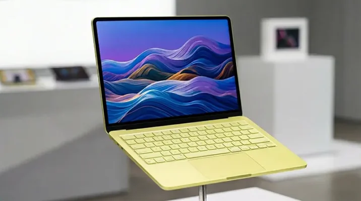 APPLE’S WILDEST GAMBLE: The New "MacBook Neo" Puts an iPhone Chip Inside a Budget Laptop 5 Close-up of the 13-inch notch-less Liquid Retina display and color-matched Magic Keyboard on the MacBook Neo.