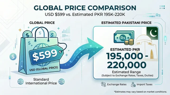 APPLE’S WILDEST GAMBLE: The New "MacBook Neo" Puts an iPhone Chip Inside a Budget Laptop 6 Infographic comparing the global $599 MacBook Neo price to the estimated price in Pakistan.